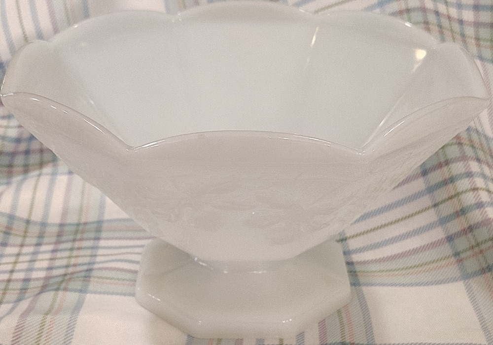 Vintage White Milk Glass Octagonal Pedestal Bowl Grape Leaf Pattern
